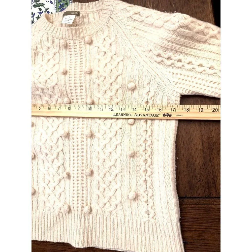 J.Crew Womens Cable-Knit Lambswool Pom-Pom Sweater Ivory Size S Cozy EUC